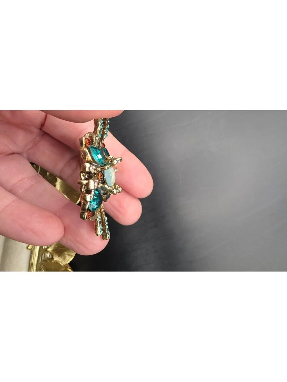 Vintage Style Gold Tone Blue and Opal Rhinestone Brooch